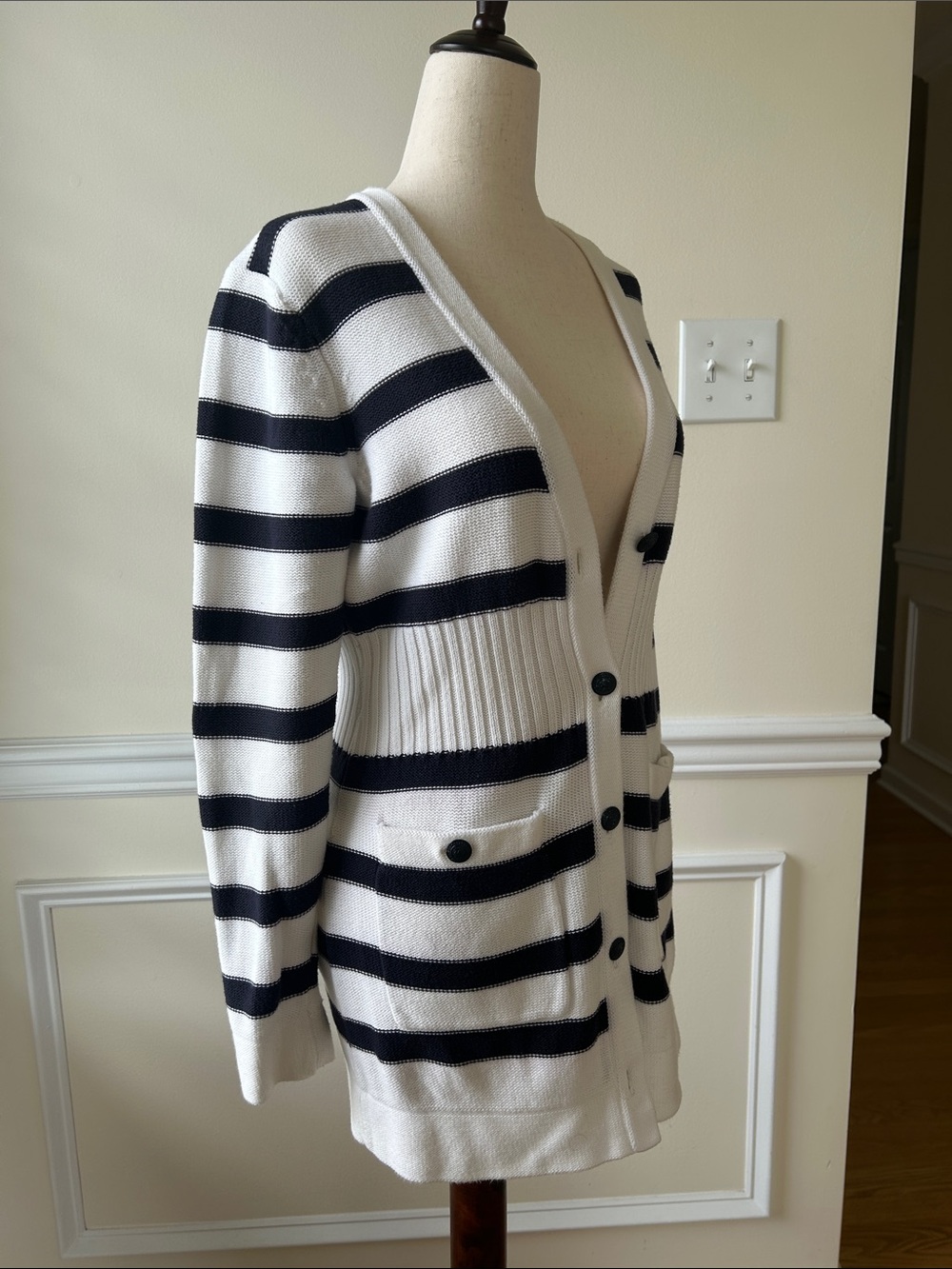 Brooks Brothers White and Black Striped V-Neck Button Cardigan